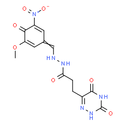 ChemSpider 2D Image | 3-(3,5-Dioxo-2,3,4,5-tetrahydro-1,2,4-triazin-6-yl)-N'-[(3-methoxy-5-nitro-4-oxo-2,5-cyclohexadien-1-ylidene)methyl]propanehydrazide | C14H14N6O7