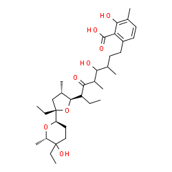 ChemSpider 2D Image | 6-[(7R)-7-{(2S,3S,5S)-5-Ethyl-5-[(2R,6S)-5-ethyl-5-hydroxy-6-methyltetrahydro-2H-pyran-2-yl]-3-methyltetrahydro-2-furanyl}-4-hydroxy-3,5-dimethyl-6-oxononyl]-2-hydroxy-3-methylbenzoic acid | C34H54O8