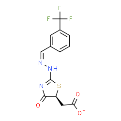 ChemSpider 2D Image | [(5S)-4-Oxo-2-{(2Z)-2-[3-(trifluoromethyl)benzylidene]hydrazino}-4,5-dihydro-1,3-thiazol-5-yl]acetate | C13H9F3N3O3S