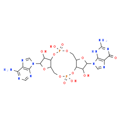 ChemSpider 2D Image | 2-Amino-9-[9-(6-amino-9H-purin-9-yl)-3,5,10,12-tetrahydroxy-5,12-dioxidooctahydro-2H,7H-difuro[3,2-d:3',2'-j][1,3,7,9,2,8]tetraoxadiphosphacyclododecin-2-yl]-3,9-dihydro-6H-purin-6-one | C20H24N10O13P2