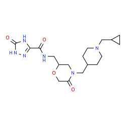 ChemSpider 2D Image | N-[(4-{[1-(Cyclopropylmethyl)-4-piperidinyl]methyl}-5-oxo-2-morpholinyl)methyl]-5-oxo-4,5-dihydro-1H-1,2,4-triazole-3-carboxamide | C18H28N6O4