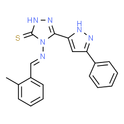 ChemSpider 2D Image | 4-[(E)-(2-Methylbenzylidene)amino]-5-(3-phenyl-1H-pyrazol-5-yl)-2,4-dihydro-3H-1,2,4-triazole-3-thione | C19H16N6S