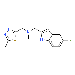 ChemSpider 2D Image | 1-(5-Fluoro-1H-indol-2-yl)-N-methyl-N-[(5-methyl-1,3,4-thiadiazol-2-yl)methyl]methanamine | C14H15FN4S