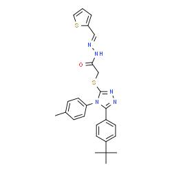 ChemSpider 2D Image | 2-({4-(4-Methylphenyl)-5-[4-(2-methyl-2-propanyl)phenyl]-4H-1,2,4-triazol-3-yl}sulfanyl)-N'-[(E)-2-thienylmethylene]acetohydrazide | C26H27N5OS2