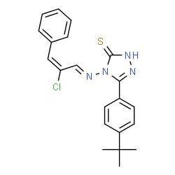ChemSpider 2D Image | 4-{(E)-[(2E)-2-Chloro-3-phenyl-2-propen-1-ylidene]amino}-5-[4-(2-methyl-2-propanyl)phenyl]-2,4-dihydro-3H-1,2,4-triazole-3-thione | C21H21ClN4S