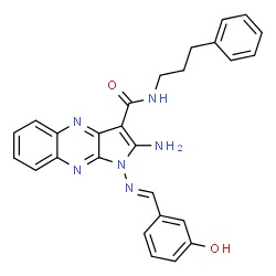 ChemSpider 2D Image | 2-Amino-1-[(E)-(3-hydroxybenzylidene)amino]-N-(3-phenylpropyl)-1H-pyrrolo[2,3-b]quinoxaline-3-carboxamide | C27H24N6O2
