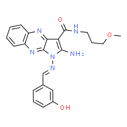 ChemSpider 2D Image | 2-Amino-1-[(E)-(3-hydroxybenzylidene)amino]-N-(3-methoxypropyl)-1H-pyrrolo[2,3-b]quinoxaline-3-carboxamide | C22H22N6O3