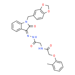 ChemSpider 2D Image | N-(2-{(2Z)-2-[1-(1,3-Benzodioxol-5-ylmethyl)-2-oxo-1,2-dihydro-3H-indol-3-ylidene]hydrazino}-2-oxoethyl)-2-(2-methylphenoxy)acetamide | C27H24N4O6