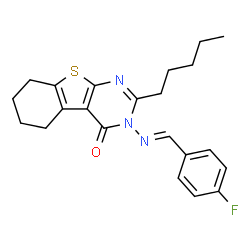 ChemSpider 2D Image | 3-[(E)-(4-Fluorobenzylidene)amino]-2-pentyl-5,6,7,8-tetrahydro[1]benzothieno[2,3-d]pyrimidin-4(3H)-one | C22H24FN3OS