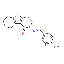 ChemSpider 2D Image | 3-[(E)-(3-Iodo-4-methoxybenzylidene)amino]-5,6,7,8-tetrahydro[1]benzothieno[2,3-d]pyrimidin-4(3H)-one | C18H16IN3O2S