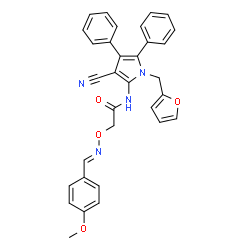 ChemSpider 2D Image | N-[3-Cyano-1-(2-furylmethyl)-4,5-diphenyl-1H-pyrrol-2-yl]-2-{[(E)-(4-methoxybenzylidene)amino]oxy}acetamide | C32H26N4O4