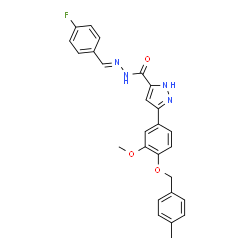 ChemSpider 2D Image | N'-[(E)-(4-Fluorophenyl)methylene]-3-{3-methoxy-4-[(4-methylbenzyl)oxy]phenyl}-1H-pyrazole-5-carbohydrazide | C26H23FN4O3
