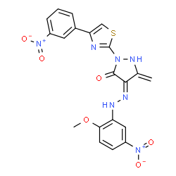ChemSpider 2D Image | (4Z)-4-[(2-Methoxy-5-nitrophenyl)hydrazono]-5-methylene-2-[4-(3-nitrophenyl)-1,3-thiazol-2-yl]-3-pyrazolidinone | C20H15N7O6S