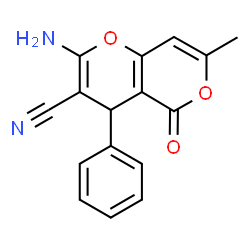 ChemSpider 2D Image | 2-amino-7-methyl-5-oxo-4-phenyl-4H-pyrano[3,2-c]pyran-3-carbonitrile | C16H12N2O3