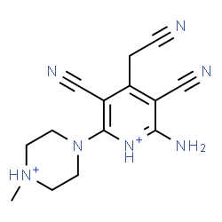 ChemSpider 2D Image | 4-[6-Amino-3,5-dicyano-4-(cyanomethyl)-2-pyridiniumyl]-1-methylpiperazin-1-ium | C14H17N7