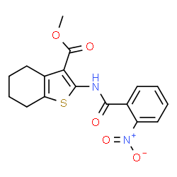 ChemSpider 2D Image | Methyl 2-[(2-nitrobenzoyl)amino]-4,5,6,7-tetrahydro-1-benzothiophene-3-carboxylate | C17H16N2O5S