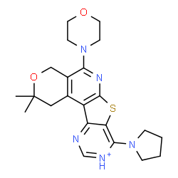 ChemSpider 2D Image | 2,2-Dimethyl-5-(4-morpholinyl)-8-(1-pyrrolidinyl)-1,4-dihydro-2H-pyrano[4'',3'':4',5']pyrido[3',2':4,5]thieno[3,2-d]pyrimidin-9-ium | C22H28N5O2S