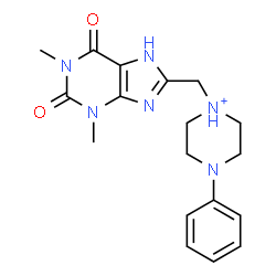 ChemSpider 2D Image | 1-[(1,3-Dimethyl-2,6-dioxo-2,3,6,7-tetrahydro-1H-purin-8-yl)methyl]-4-phenylpiperazin-1-ium | C18H23N6O2