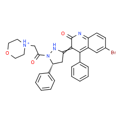 ChemSpider 2D Image | 4-{2-[(5R)-3-(6-Bromo-2-oxo-4-phenyl-3(2H)-quinolinylidene)-5-phenyl-1-pyrazolidinyl]-2-oxoethyl}morpholin-4-ium | C30H28BrN4O3