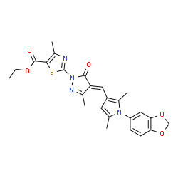 ChemSpider 2D Image | Ethyl 2-[(4E)-4-{[1-(1,3-benzodioxol-5-yl)-2,5-dimethyl-1H-pyrrol-3-yl]methylene}-3-methyl-5-oxo-4,5-dihydro-1H-pyrazol-1-yl]-4-methyl-1,3-thiazole-5-carboxylate | C25H24N4O5S