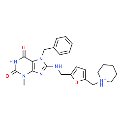 ChemSpider 2D Image | 1-[(5-{[(7-Benzyl-3-methyl-2,6-dioxo-2,3,6,7-tetrahydro-1H-purin-8-yl)amino]methyl}-2-furyl)methyl]piperidinium | C24H29N6O3