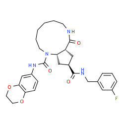 ChemSpider 2D Image | (9aR,11R,12aS)-N~1~-(2,3-Dihydro-1,4-benzodioxin-6-yl)-N~11~-(3-fluorobenzyl)-9-oxododecahydrocyclopenta[b][1,5]diazacycloundecine-1,11(2H)-dicarboxamide | C29H35FN4O5