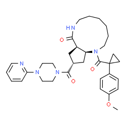ChemSpider 2D Image | (9aR,11R,12aS)-1-{[1-(4-Methoxyphenyl)cyclopropyl]carbonyl}-11-{[4-(2-pyridinyl)-1-piperazinyl]carbonyl}dodecahydrocyclopenta[b][1,5]diazacycloundecin-9(2H)-one | C33H43N5O4