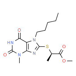 ChemSpider 2D Image | Methyl (2R)-2-[(3-methyl-2,6-dioxo-7-pentyl-2,3,6,7-tetrahydro-1H-purin-8-yl)sulfanyl]propanoate | C15H22N4O4S