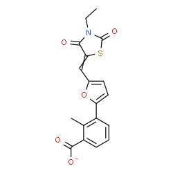 ChemSpider 2D Image | 3-{5-[(3-Ethyl-2,4-dioxo-1,3-thiazolidin-5-ylidene)methyl]-2-furyl}-2-methylbenzoate | C18H14NO5S