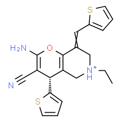 ChemSpider 2D Image | (4S)-2-Amino-3-cyano-6-ethyl-4-(2-thienyl)-8-(2-thienylmethylene)-5,6,7,8-tetrahydro-4H-pyrano[3,2-c]pyridin-6-ium | C20H20N3OS2