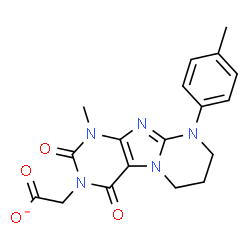 ChemSpider 2D Image | [1-Methyl-9-(4-methylphenyl)-2,4-dioxo-1,4,6,7,8,9-hexahydropyrimido[2,1-f]purin-3(2H)-yl]acetate | C18H18N5O4