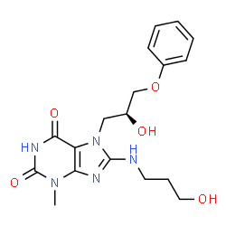 ChemSpider 2D Image | 7-[(2S)-2-Hydroxy-3-phenoxypropyl]-8-[(3-hydroxypropyl)amino]-3-methyl-3,7-dihydro-1H-purine-2,6-dione | C18H23N5O5