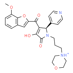 ChemSpider 2D Image | 4-{3-[(5R)-3-Hydroxy-4-[(7-methoxy-1-benzofuran-2-yl)carbonyl]-2-oxo-5-(4-pyridinyl)-2,5-dihydro-1H-pyrrol-1-yl]propyl}morpholin-4-ium | C26H28N3O6