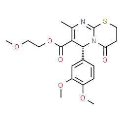 ChemSpider 2D Image | 2-Methoxyethyl (6R)-6-(3,4-dimethoxyphenyl)-8-methyl-4-oxo-3,4-dihydro-2H,6H-pyrimido[2,1-b][1,3]thiazine-7-carboxylate | C20H24N2O6S