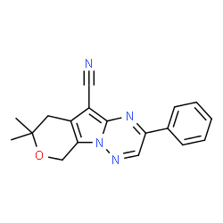 ChemSpider 2D Image | 8,8-Dimethyl-2-phenyl-8,9-dihydro-6H-pyrano[4',3':4,5]pyrrolo[1,2-b][1,2,4]triazine-10-carbonitrile | C18H16N4O