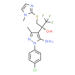 ChemSpider 2D Image | (2S)-2-[5-Amino-1-(4-chlorophenyl)-3-methyl-1H-pyrazol-4-yl]-1,1,1-trifluoro-3-[(1-methyl-1H-imidazol-2-yl)sulfanyl]-2-propanol | C17H17ClF3N5OS