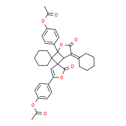 ChemSpider 2D Image | (4'-Cyclohexylidene-2'',3'-dioxo-1'H-dispiro[cyclohexane-1,7'-[2]oxabicyclo[3.2.0]heptane-6',3''-furan]-1',5''-diyl)di-4,1-phenylene diacetate | C36H36O8