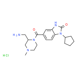 ChemSpider 2D Image | 5-{[2-(Aminomethyl)-4-methyl-1-piperazinyl]carbonyl}-1-cyclopentyl-1,3-dihydro-2H-benzimidazol-2-one hydrochloride (1:1) | C19H28ClN5O2