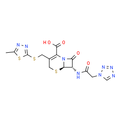 ChemSpider 2D Image | (6R,7S)-3-{[(5-Methyl-1,3,4-thiadiazol-2-yl)sulfanyl]methyl}-8-oxo-7-[(1H-tetrazol-1-ylacetyl)amino]-5-thia-1-azabicyclo[4.2.0]oct-2-ene-2-carboxylic acid | C14H14N8O4S3