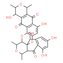 ChemSpider 2D Image | 4,11,13,15,18-Pentahydroxy-1,3,7,9-tetramethyl-3,4,6a,7,9,9a-hexahydro-1H-benzo[g]pyrano[3'',4'':6',7']naphtho[2',1':5,6][1,4]dioxino[2,3-d]isochromene-5,10,19(15H)-trione | C30H28O12