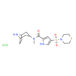 ChemSpider 2D Image | N-(8-Azabicyclo[3.2.1]oct-3-yl)-N-methyl-4-(4-thiomorpholinylsulfonyl)-1H-pyrrole-2-carboxamide hydrochloride (1:1) | C17H27ClN4O3S2