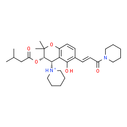 ChemSpider 2D Image | 1-{(3S,4S)-5-Hydroxy-2,2-dimethyl-3-[(3-methylbutanoyl)oxy]-6-[(1E)-3-oxo-3-(1-piperidinyl)-1-propen-1-yl]-3,4-dihydro-2H-chromen-4-yl}piperidinium | C29H43N2O5