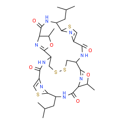 ChemSpider 2D Image | 8,22-Diisobutyl-4,18-dimethyl-3,17-dioxa-10,24,30,31-tetrathia-7,14,21,28,33,34,35,36-octaazahexacyclo[13.13.4.1~2,5~.1~9,12~.1~16,19~.1~23,26~]hexatriaconta-2(36),9(35),11,16(34),23(33),25-hexaene-6,
13,20,27-tetrone | C32H42N8O6S4