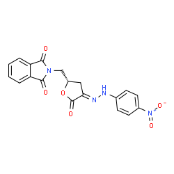 ChemSpider 2D Image | 2-({(2S,4E)-4-[(4-Nitrophenyl)hydrazono]-5-oxotetrahydro-2-furanyl}methyl)-1H-isoindole-1,3(2H)-dione | C19H14N4O6