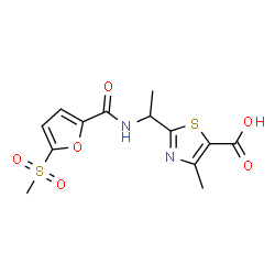 ChemSpider 2D Image | 4-Methyl-2-(1-{[5-(methylsulfonyl)-2-furoyl]amino}ethyl)-1,3-thiazole-5-carboxylic acid | C13H14N2O6S2