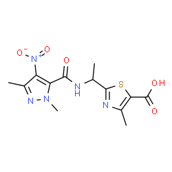 ChemSpider 2D Image | 2-(1-{[(1,3-Dimethyl-4-nitro-1H-pyrazol-5-yl)carbonyl]amino}ethyl)-4-methyl-1,3-thiazole-5-carboxylic acid | C13H15N5O5S