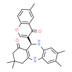 ChemSpider 2D Image | (11S)-3,3,7,8-Tetramethyl-11-(6-methyl-4-oxo-4H-chromen-3-yl)-2,3,4,5,10,11-hexahydro-1H-dibenzo[b,e][1,4]diazepin-1-one | C27H28N2O3