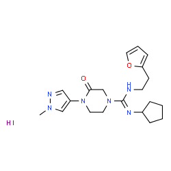 ChemSpider 2D Image | N'-Cyclopentyl-N-[2-(2-furyl)ethyl]-4-(1-methyl-1H-pyrazol-4-yl)-3-oxo-1-piperazinecarboximidamide hydroiodide (1:1) | C20H29IN6O2