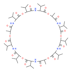 ChemSpider 2D Image | 3,6,9,15,18,21,27,30,33-Nonaisopropyl-12,24,36-trimethyl-1,7,13,19,25,31-hexaoxa-4,10,16,22,28,34-hexaazacyclohexatriacontane-2,5,8,11,14,17,20,23,26,29,32,35-dodecone | C54H90N6O18