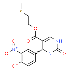 ChemSpider 2D Image | 4-[(4R)-6-Methyl-5-{[2-(methylsulfanyl)ethoxy]carbonyl}-2-oxo-1,2,3,4-tetrahydro-4-pyrimidinyl]-2-nitrophenolate | C15H16N3O6S